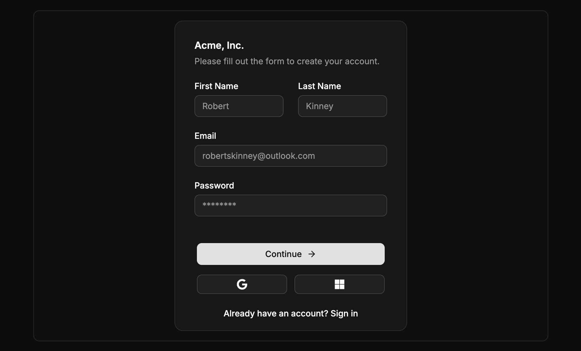 Screenshot of the sign-up-1 component.