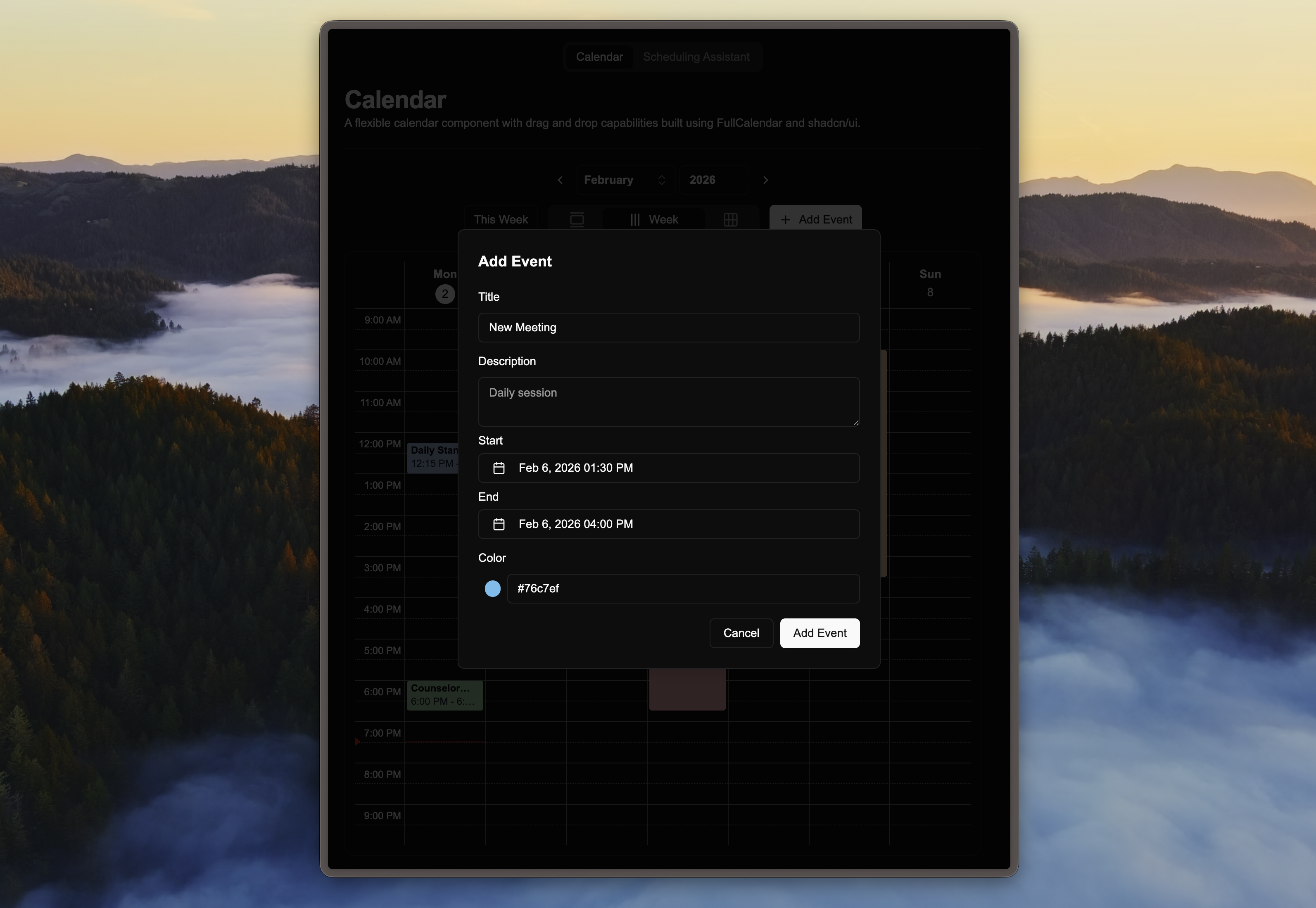 Screenshot of the add event modal in the calendar page.