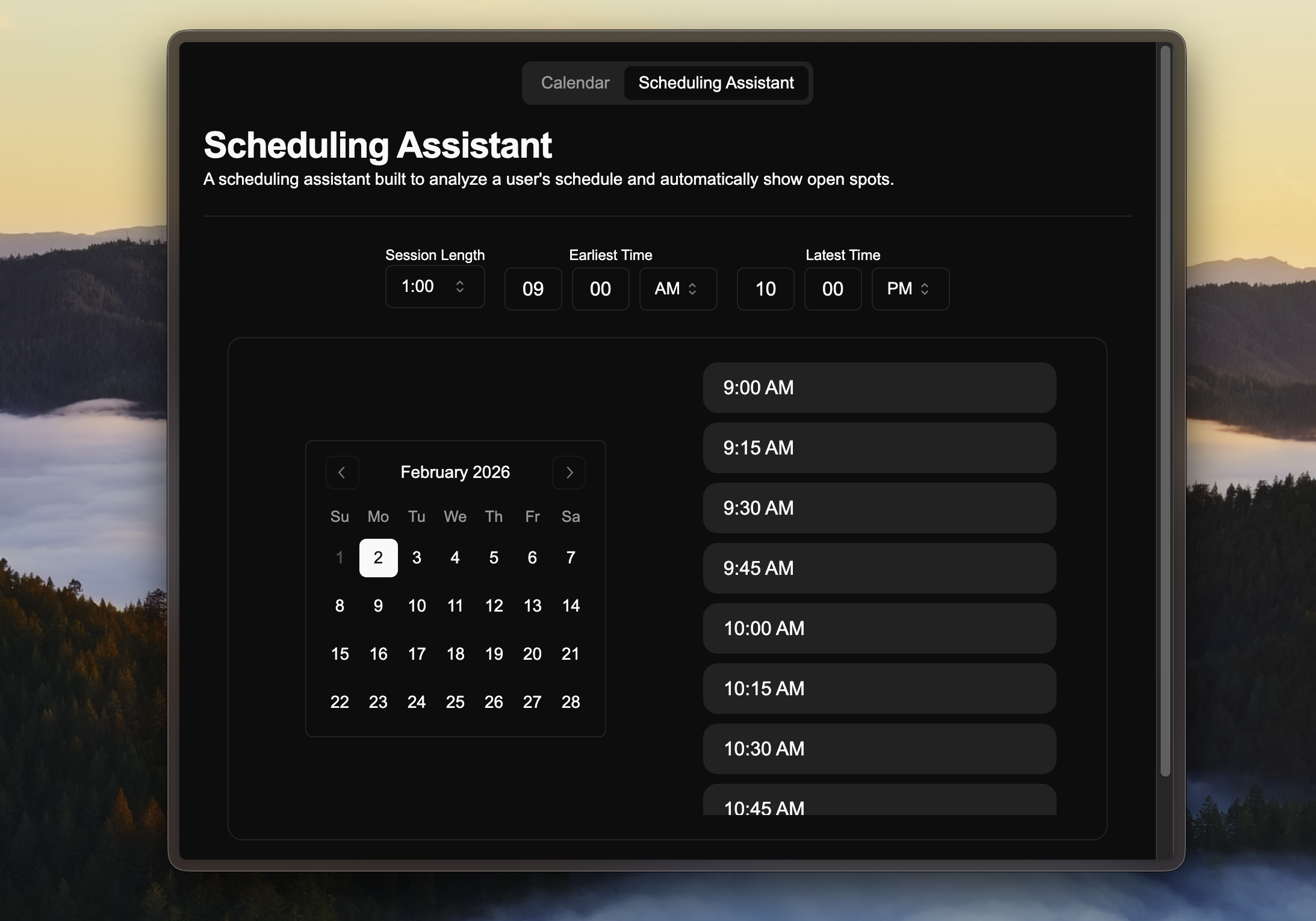 Screenshot of the scheduling assistant page.