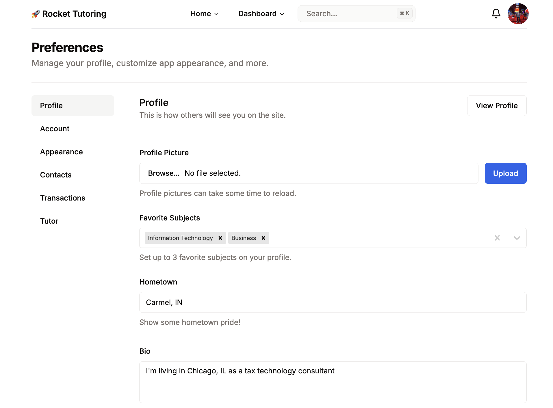 Screenshot of the preferences function in Rocket Tutoring.
