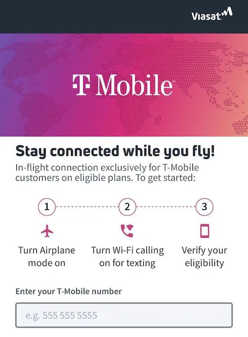 A screenshot of T-Mobile's access portal to connect to Wi-Fi on an American Airlines flight.